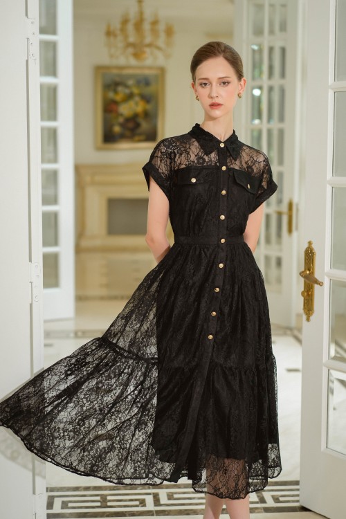 Sixdo Black Short Sleeves Lace Flared Dress